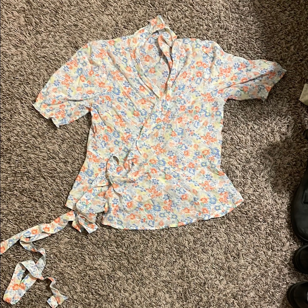 Old Navy Cream Wrap Blouse with Mandarin Collar and Short Sleeves